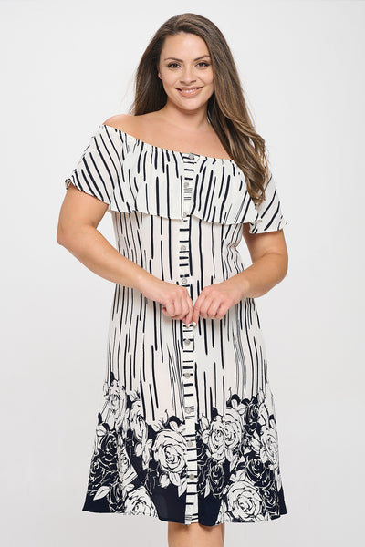 WHITE NAVY PLUS SIZE OFF SHOULDER FLORAL HEM DRESS 2-2-2