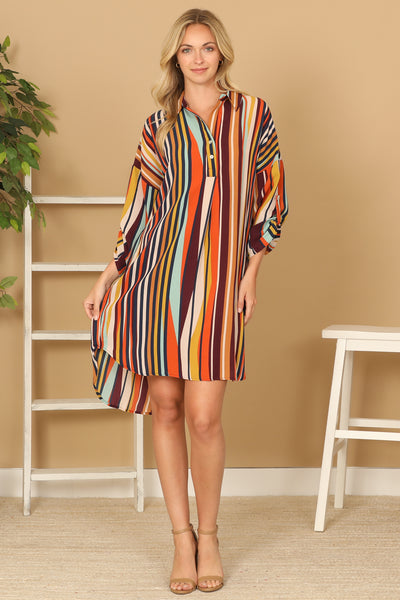 COMBO STRIPE HALF SLEEVE CURVE HEM DRESS 2-2-2