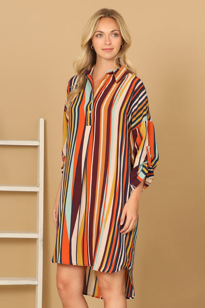 COMBO STRIPE HALF SLEEVE CURVE HEM DRESS 2-2-2