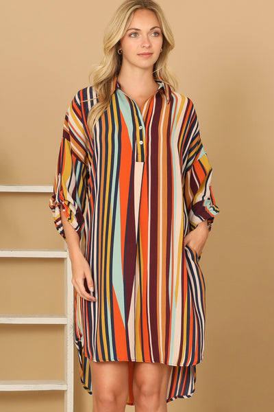 COMBO STRIPE HALF SLEEVE CURVE HEM DRESS 2-2-2