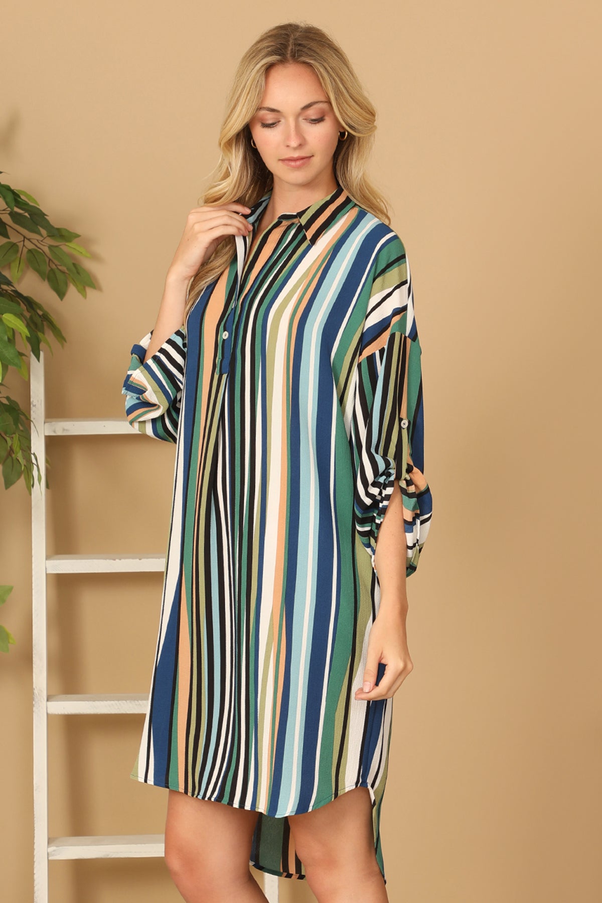 COMBO STRIPE HALF SLEEVE CURVE HEM DRESS 2-2-2