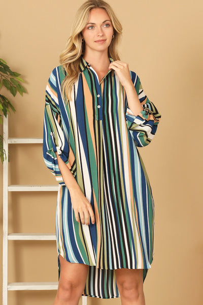 COMBO STRIPE HALF SLEEVE CURVE HEM DRESS 2-2-2