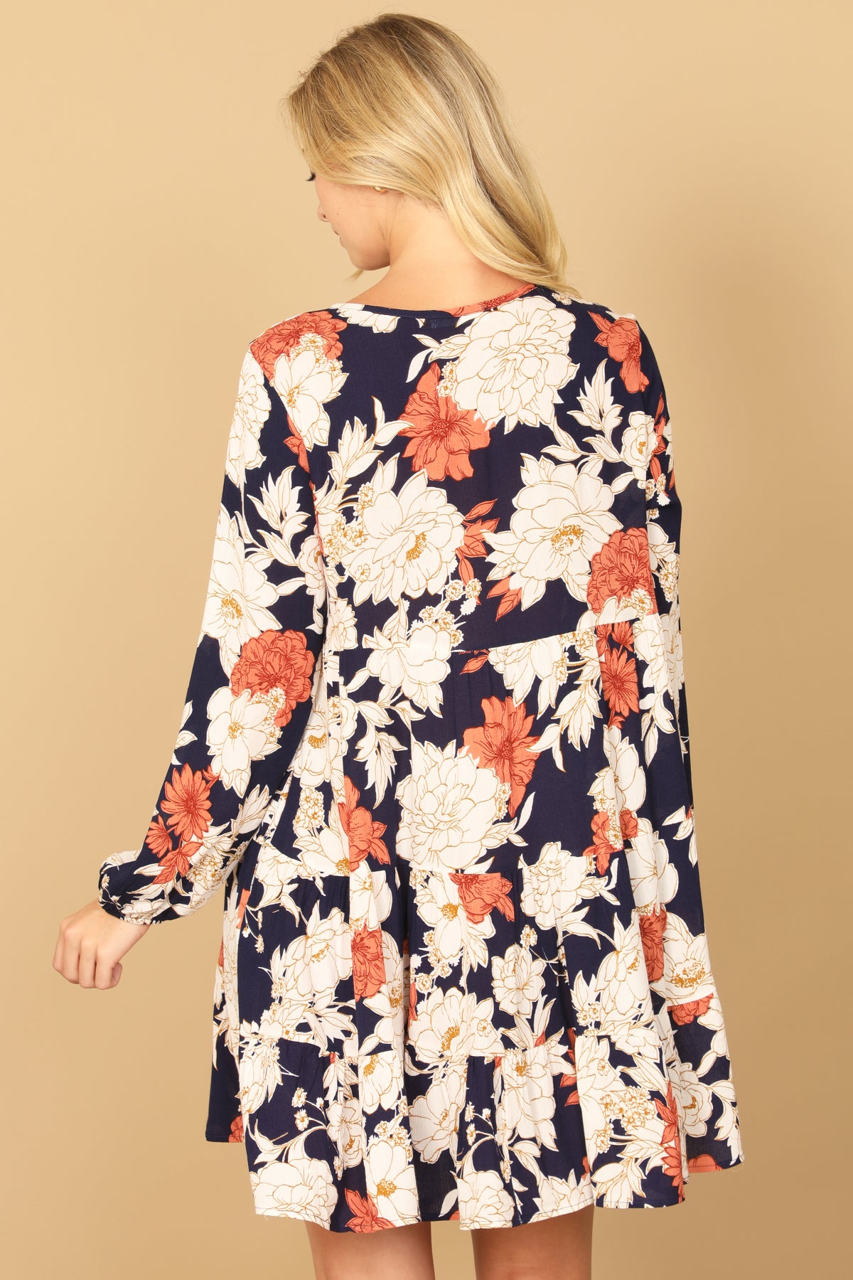 NAVY V-NECK LONG SLEEVE FLORAL DRESS 2-2-2