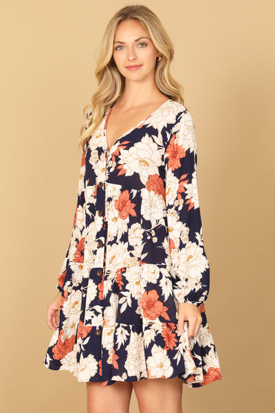 NAVY V-NECK LONG SLEEVE FLORAL DRESS 2-2-2