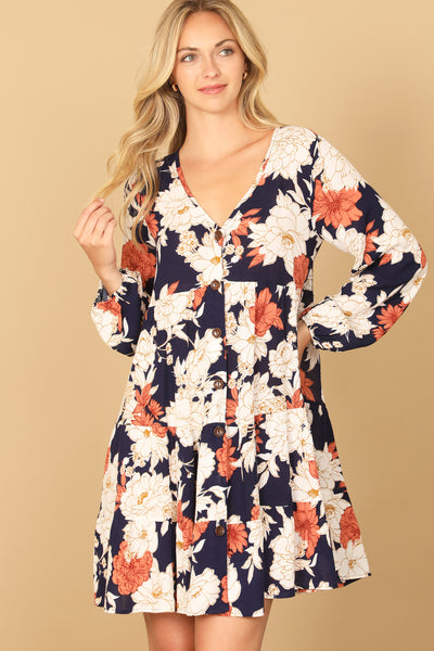 NAVY V-NECK LONG SLEEVE FLORAL DRESS 2-2-2