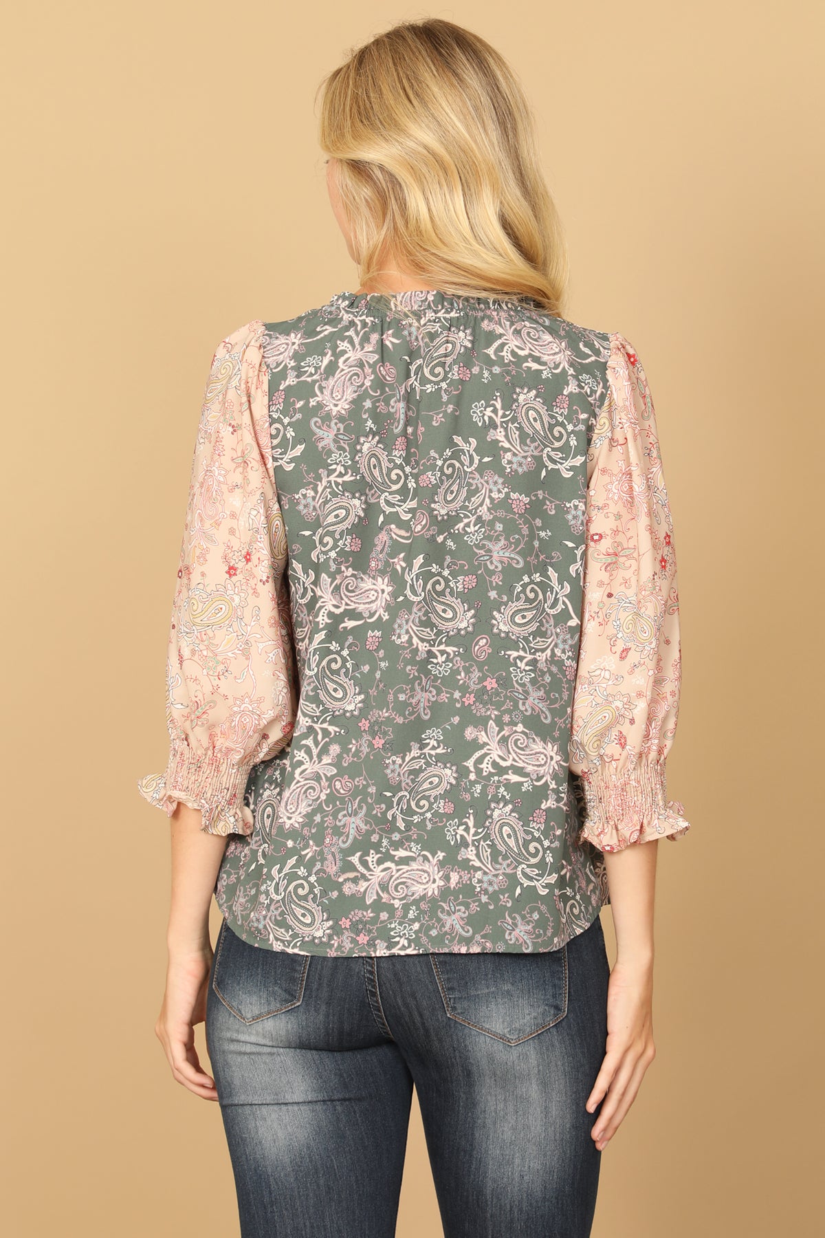PAISLEY SMOCKED HALF SLEEVE CONTRAST TOP 2-2-2