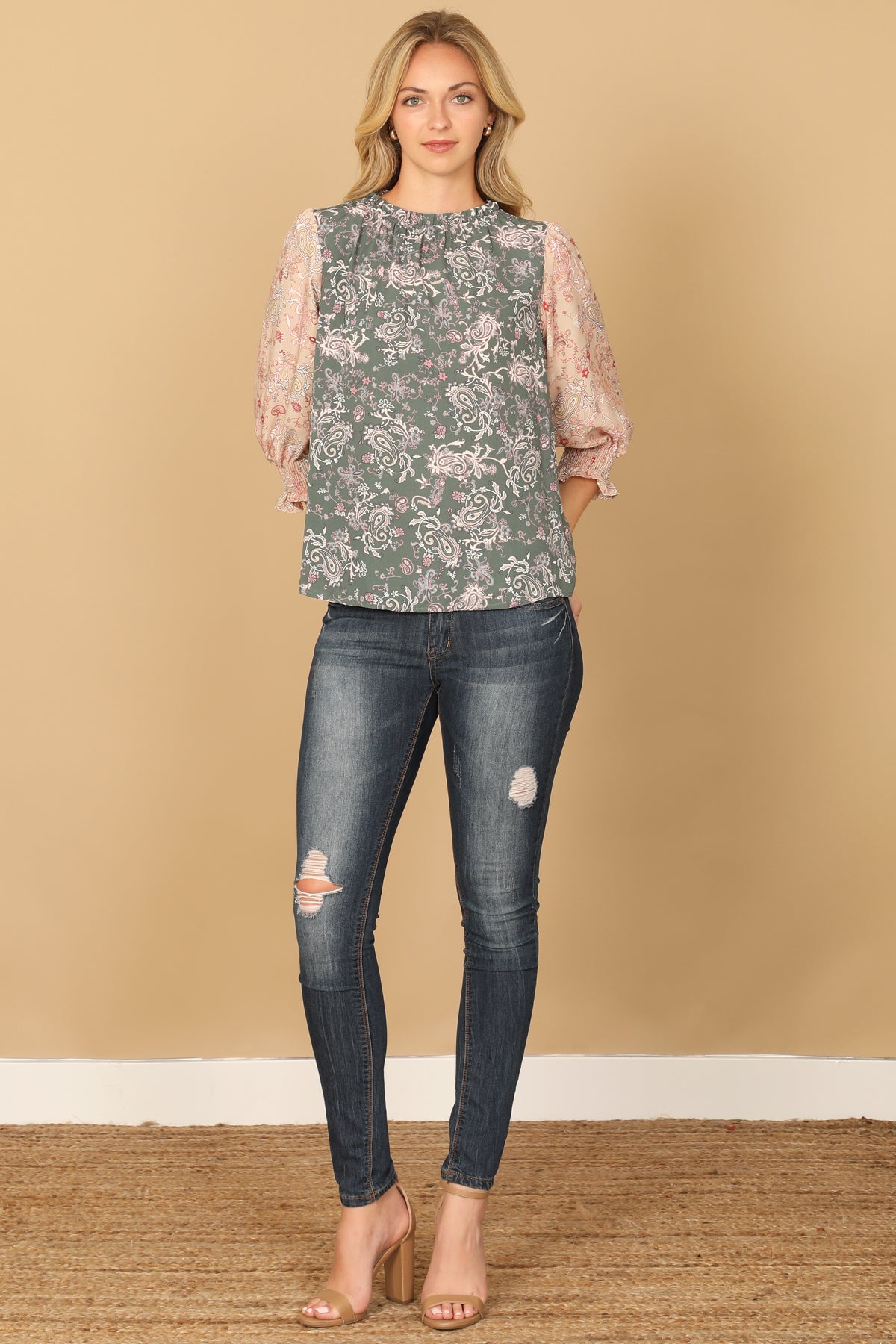 PAISLEY SMOCKED HALF SLEEVE CONTRAST TOP 2-2-2