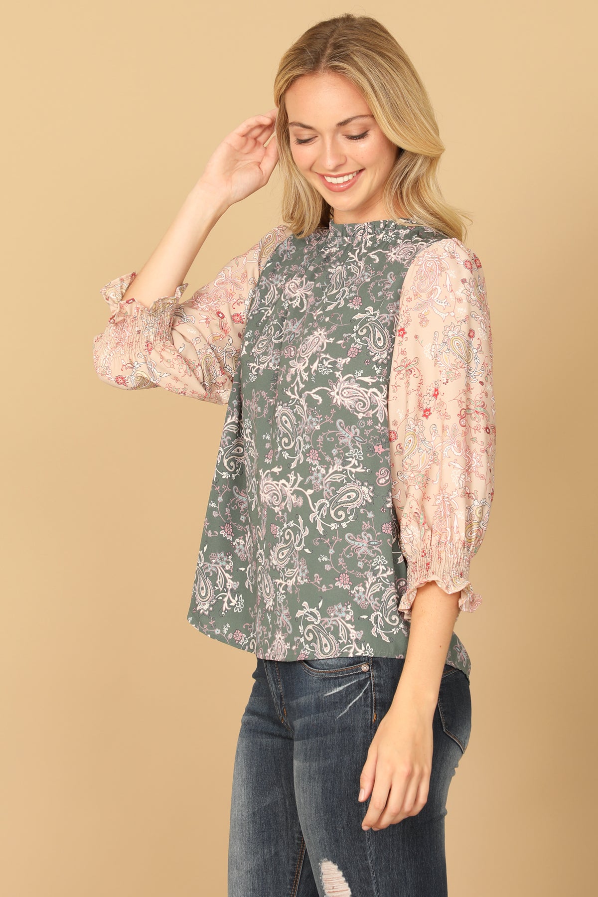 PAISLEY SMOCKED HALF SLEEVE CONTRAST TOP 2-2-2