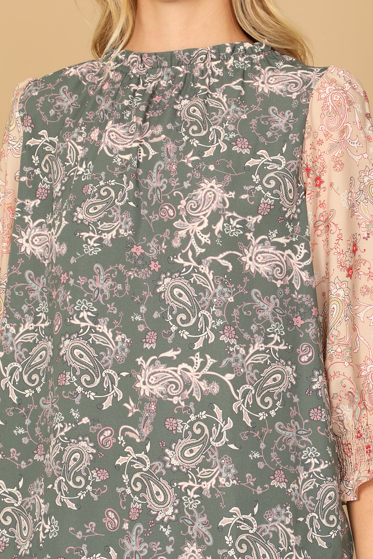 PAISLEY SMOCKED HALF SLEEVE CONTRAST TOP 2-2-2