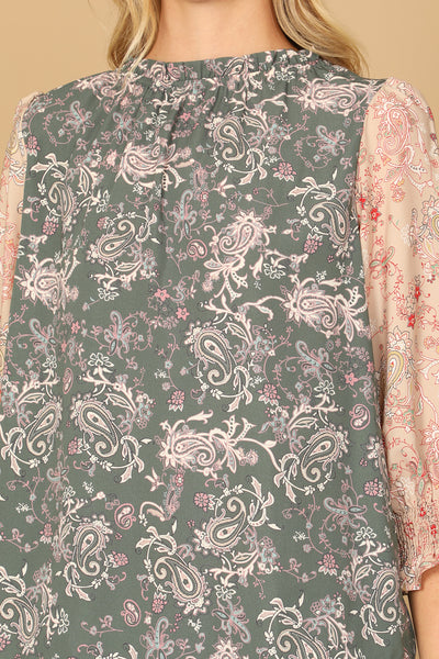 PAISLEY SMOCKED HALF SLEEVE CONTRAST TOP 2-2-2