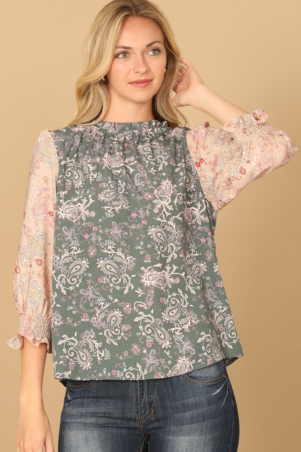 PAISLEY SMOCKED HALF SLEEVE CONTRAST TOP 2-2-2