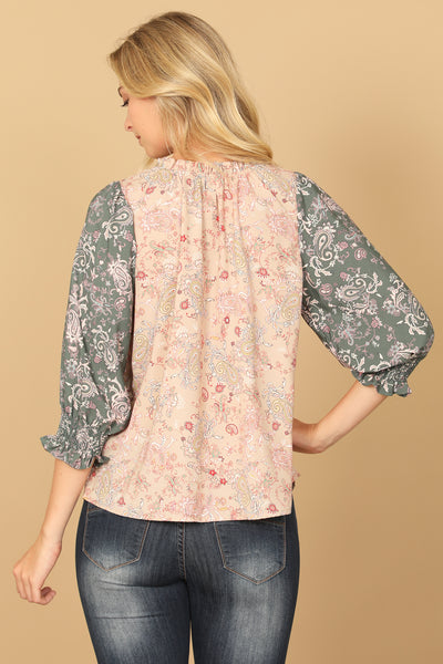 PAISLEY SMOCKED HALF SLEEVE CONTRAST TOP 2-2-2
