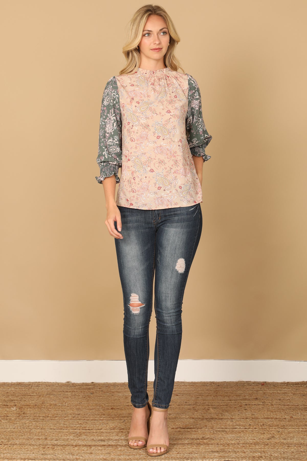 PAISLEY SMOCKED HALF SLEEVE CONTRAST TOP 2-2-2