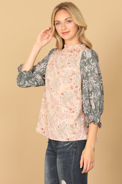 PAISLEY SMOCKED HALF SLEEVE CONTRAST TOP 2-2-2