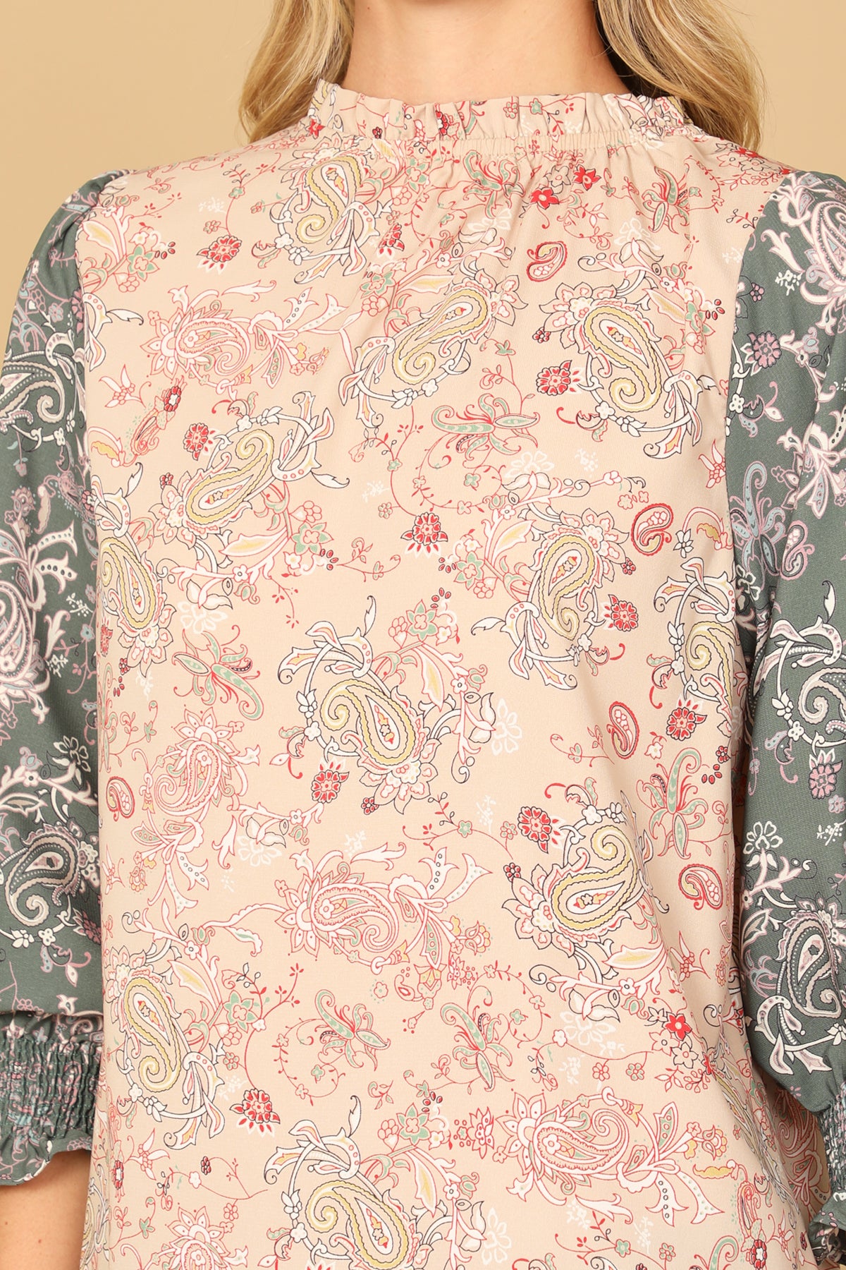 PAISLEY SMOCKED HALF SLEEVE CONTRAST TOP 2-2-2