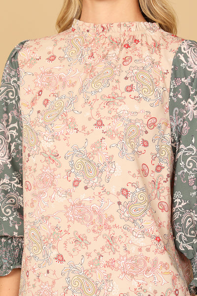 PAISLEY SMOCKED HALF SLEEVE CONTRAST TOP 2-2-2