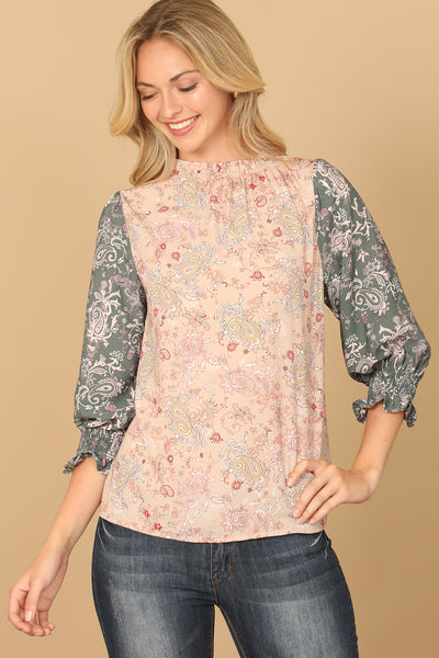 PAISLEY SMOCKED HALF SLEEVE CONTRAST TOP 2-2-2