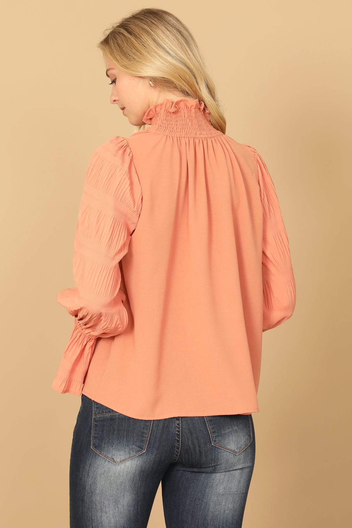 SALMON RUFFLE TURTLE NECK LONG BELL SLEEVE SOLID TOP 2-2-2