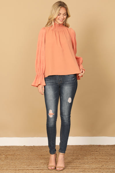 SALMON RUFFLE TURTLE NECK LONG BELL SLEEVE SOLID TOP 2-2-2