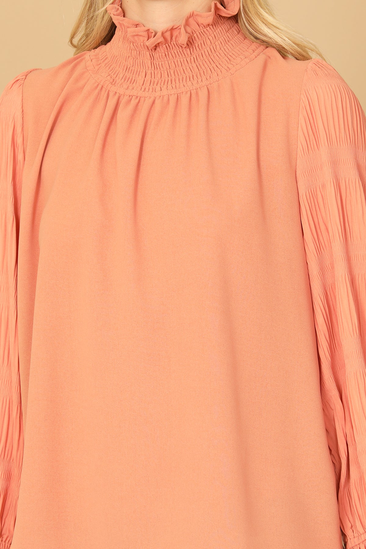 SALMON RUFFLE TURTLE NECK LONG BELL SLEEVE SOLID TOP 2-2-2