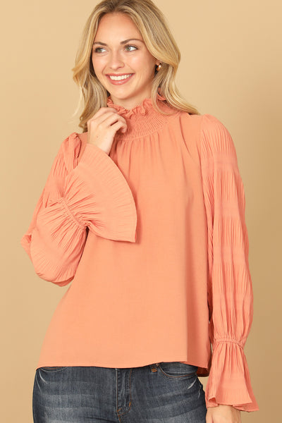 SALMON RUFFLE TURTLE NECK LONG BELL SLEEVE SOLID TOP 2-2-2