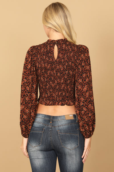 BLACK RUST LONG PUFF SLEEVE SMOCKED PRINTED CROP TOP 2-2-1