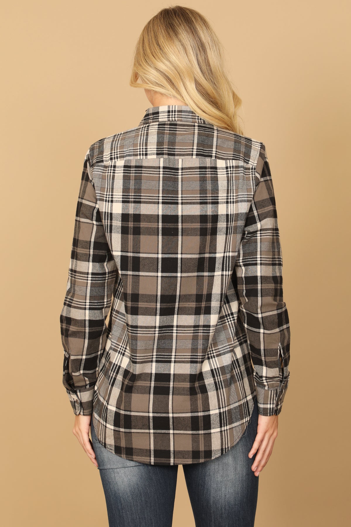 BLACK GREY LONG SLEEVE PLAID TOP 2-2-1