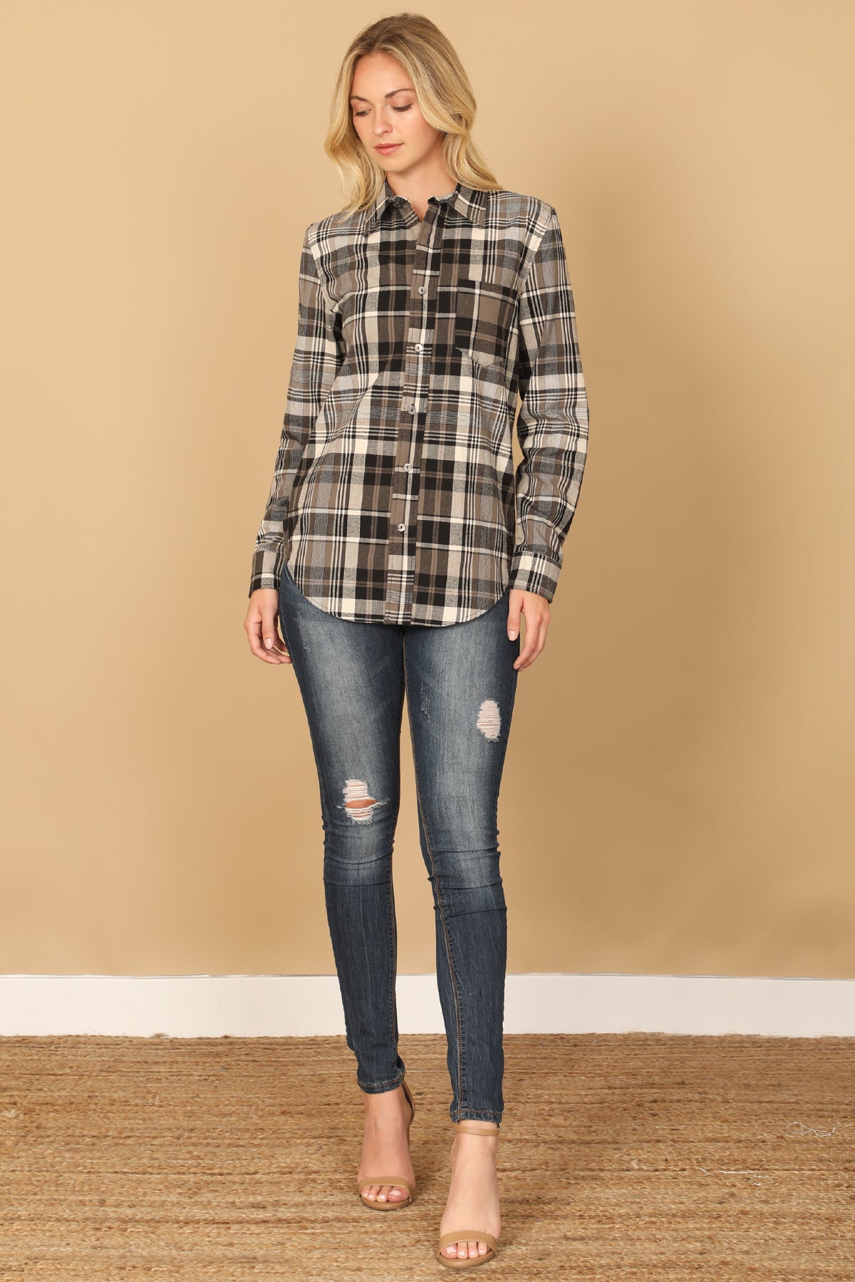 BLACK GREY LONG SLEEVE PLAID TOP 2-2-1