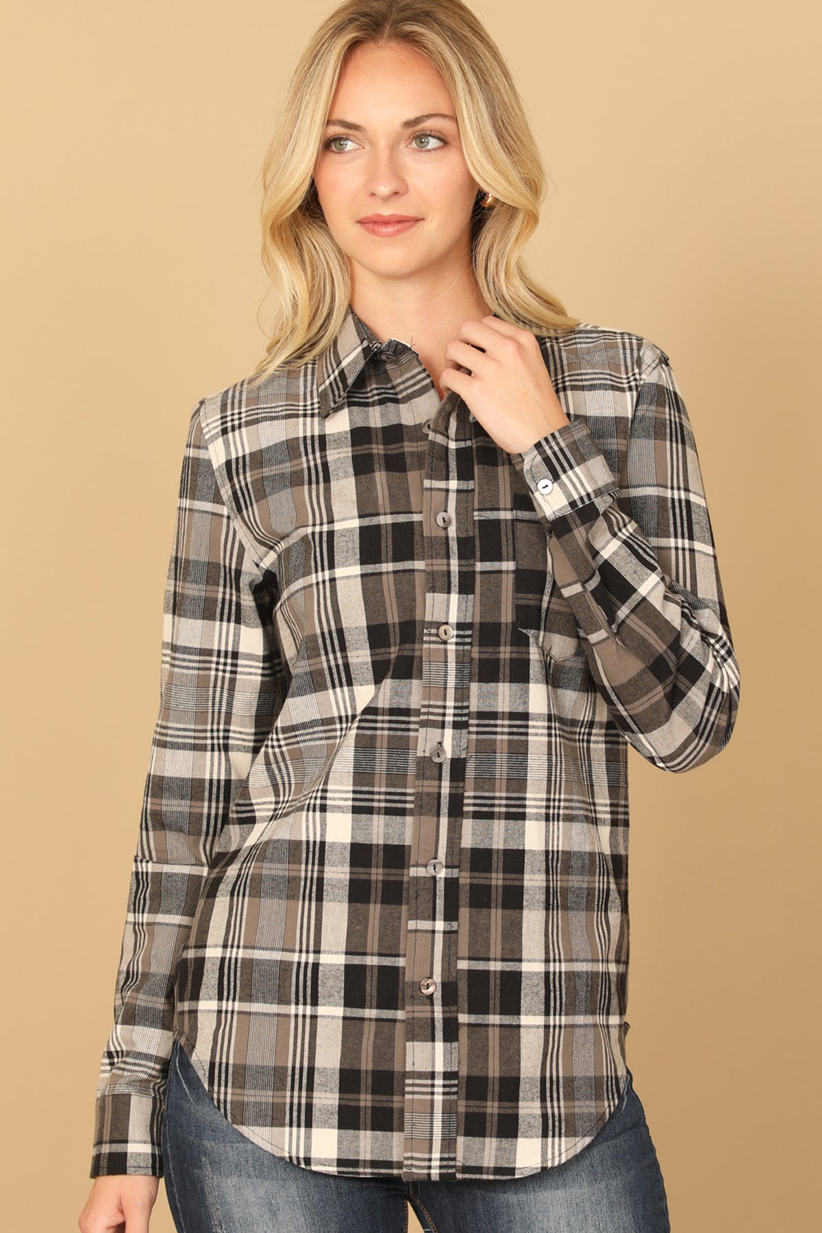 BLACK GREY LONG SLEEVE PLAID TOP 2-2-1