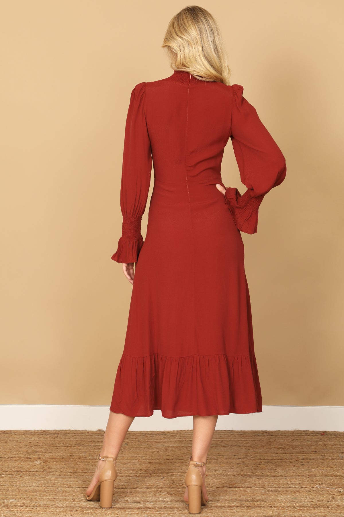 SMOCKED NECK AND LONG SLEEVE SIDE SLIT SOLID DRESS 2-2-1