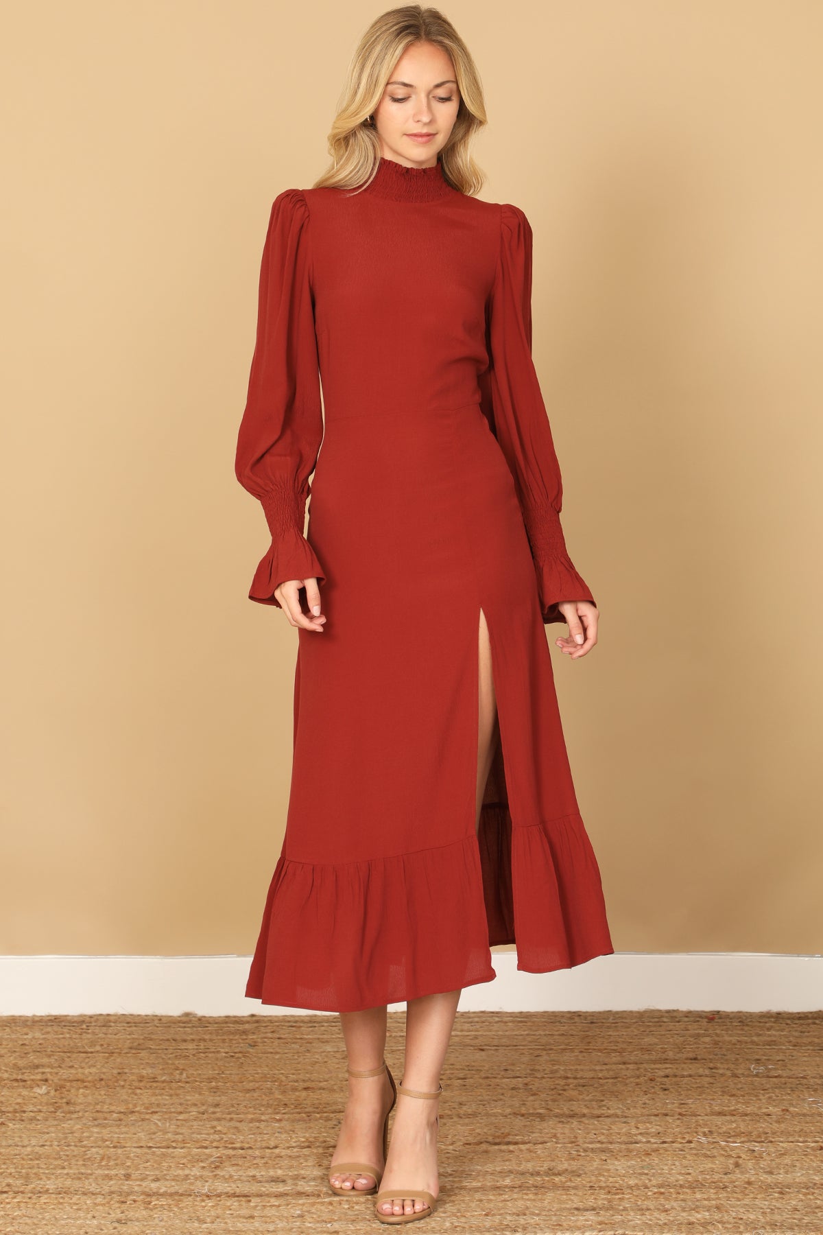 SMOCKED NECK AND LONG SLEEVE SIDE SLIT SOLID DRESS 2-2-1