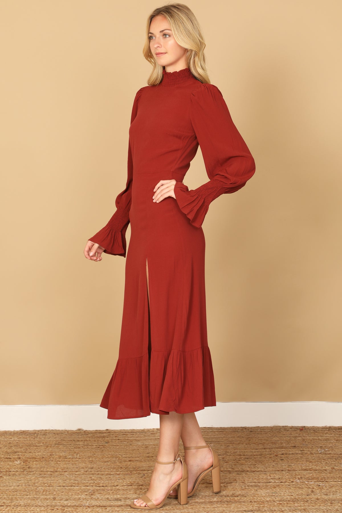 SMOCKED NECK AND LONG SLEEVE SIDE SLIT SOLID DRESS 2-2-1