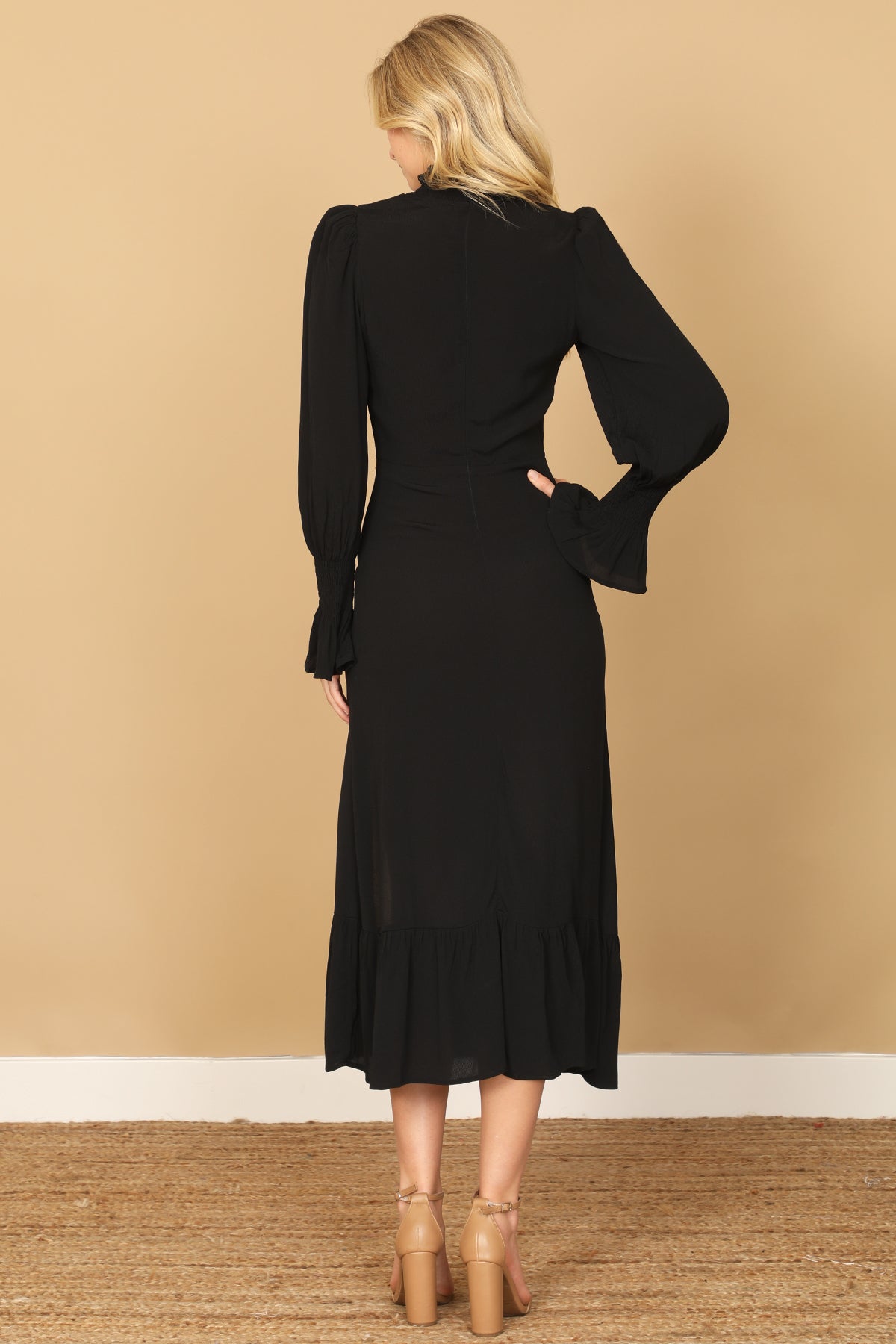 SMOCKED NECK AND LONG SLEEVE SIDE SLIT SOLID DRESS 2-2-1