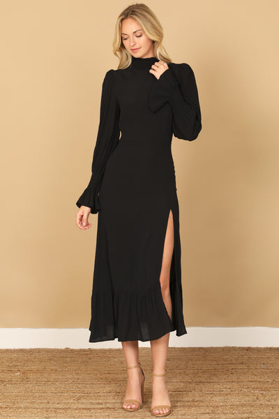 SMOCKED NECK AND LONG SLEEVE SIDE SLIT SOLID DRESS 2-2-1