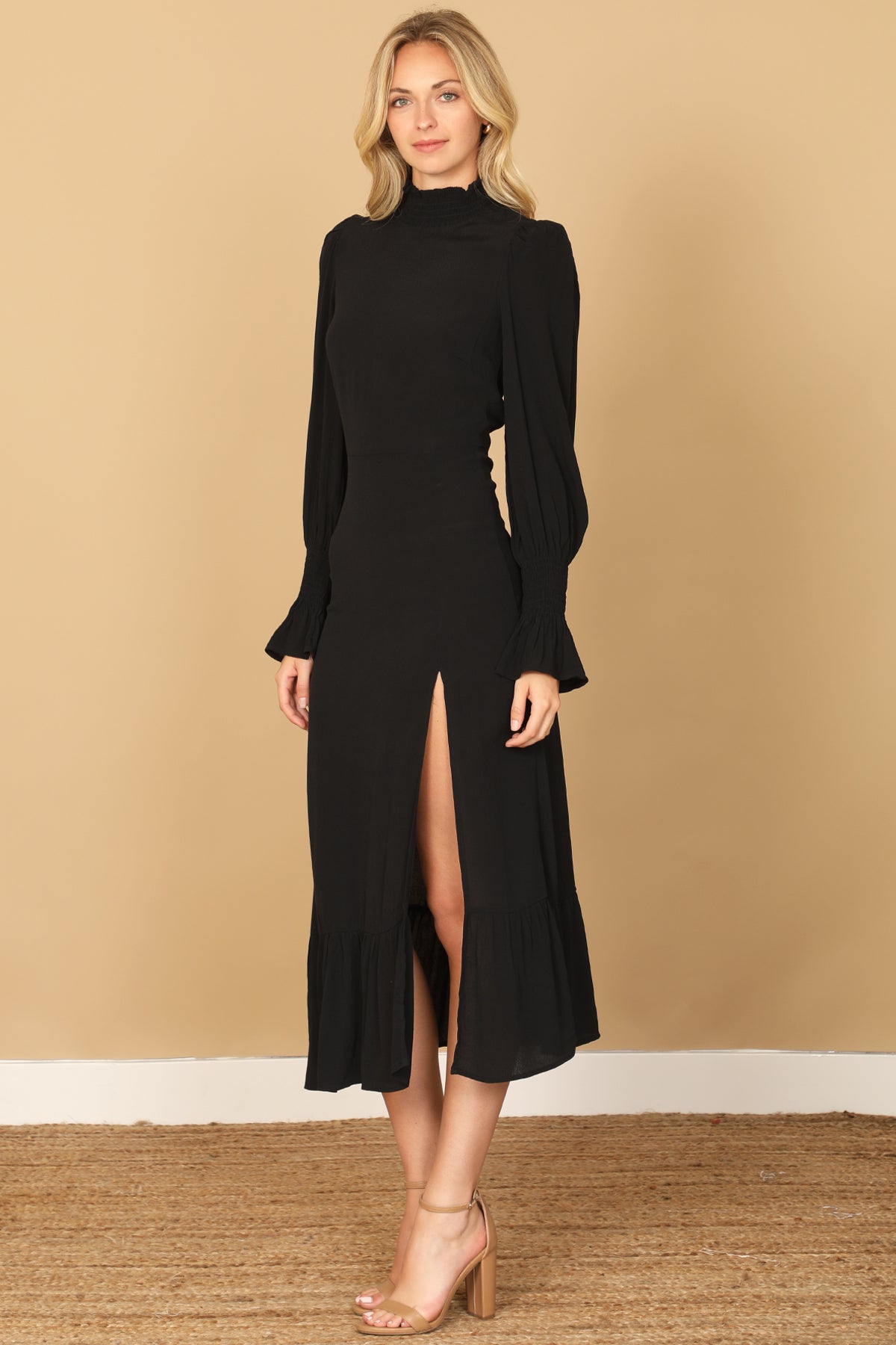 SMOCKED NECK AND LONG SLEEVE SIDE SLIT SOLID DRESS 2-2-1