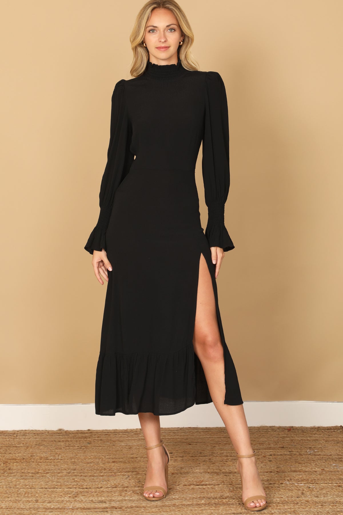 SMOCKED NECK AND LONG SLEEVE SIDE SLIT SOLID DRESS 2-2-1