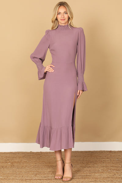 SMOCKED NECK AND LONG SLEEVE SIDE SLIT SOLID DRESS 2-2-1