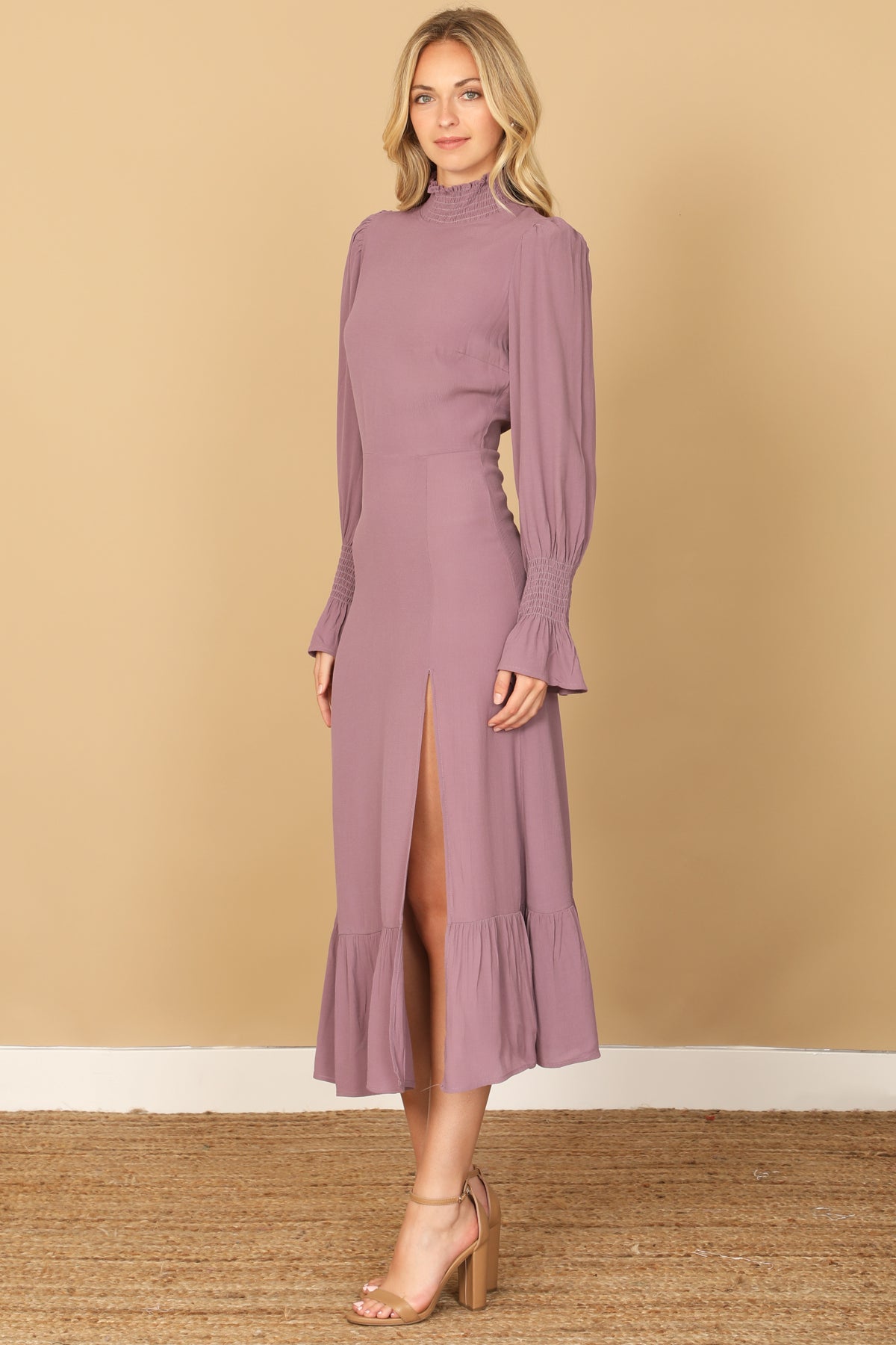 SMOCKED NECK AND LONG SLEEVE SIDE SLIT SOLID DRESS 2-2-1