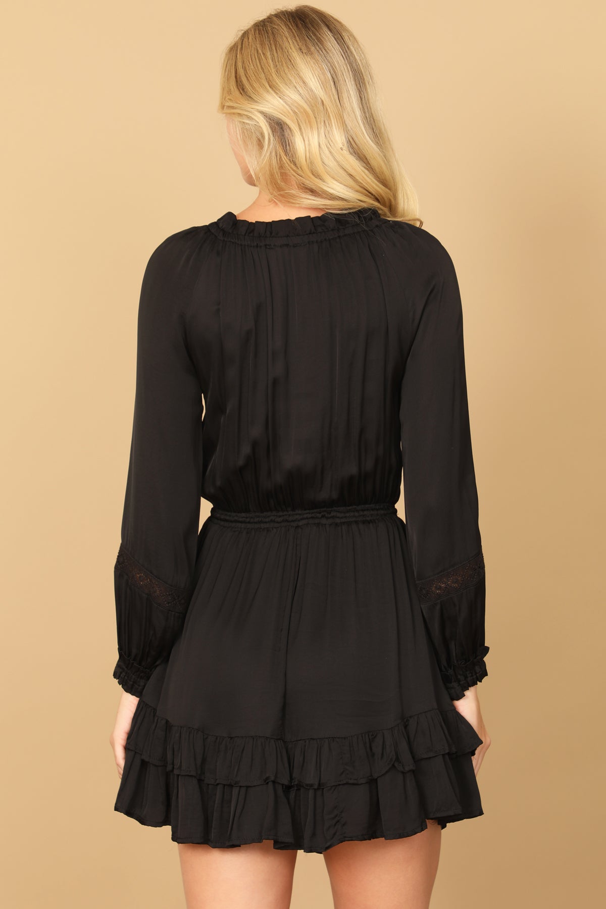 LONG SLEEVE PLEATED FRONT RUFFLE HEM MINI DRESS 2-2-1