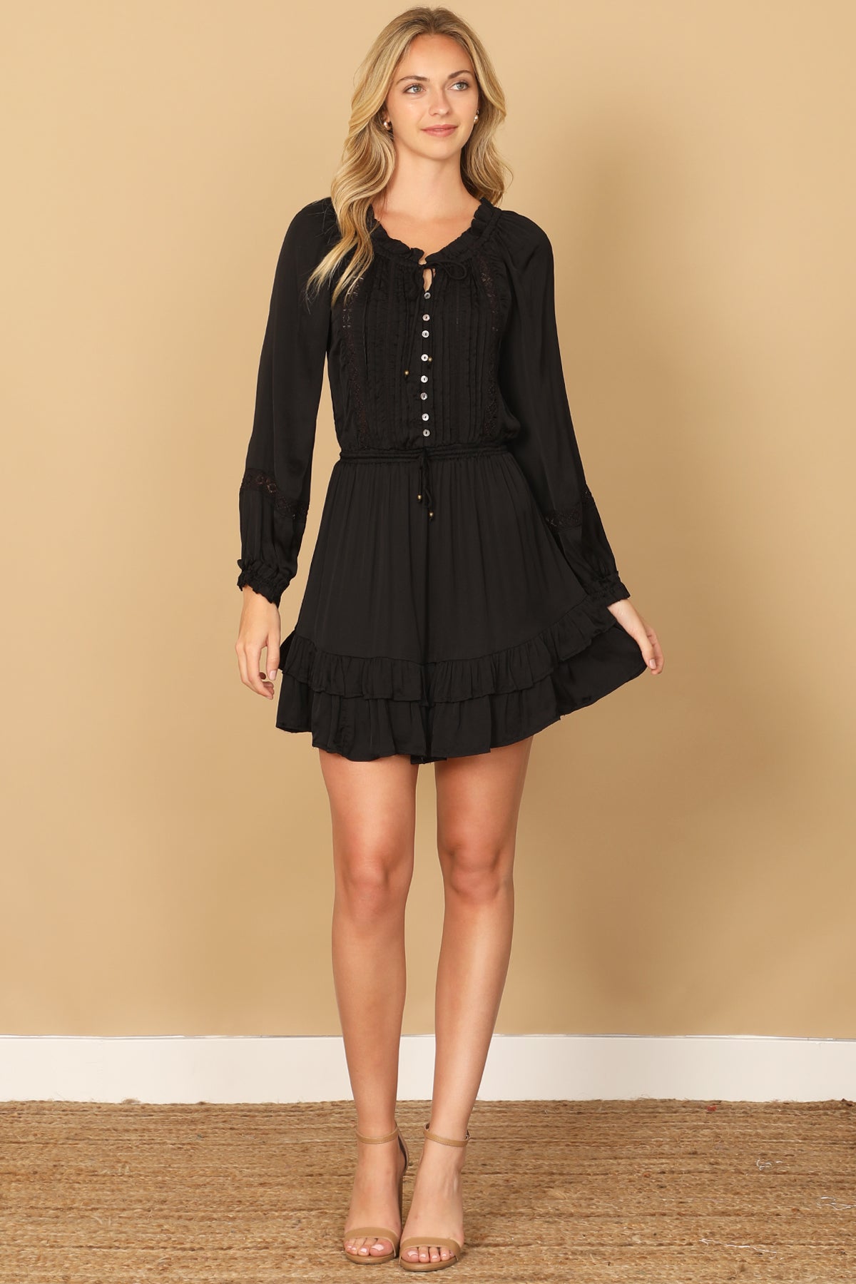 LONG SLEEVE PLEATED FRONT RUFFLE HEM MINI DRESS 2-2-1