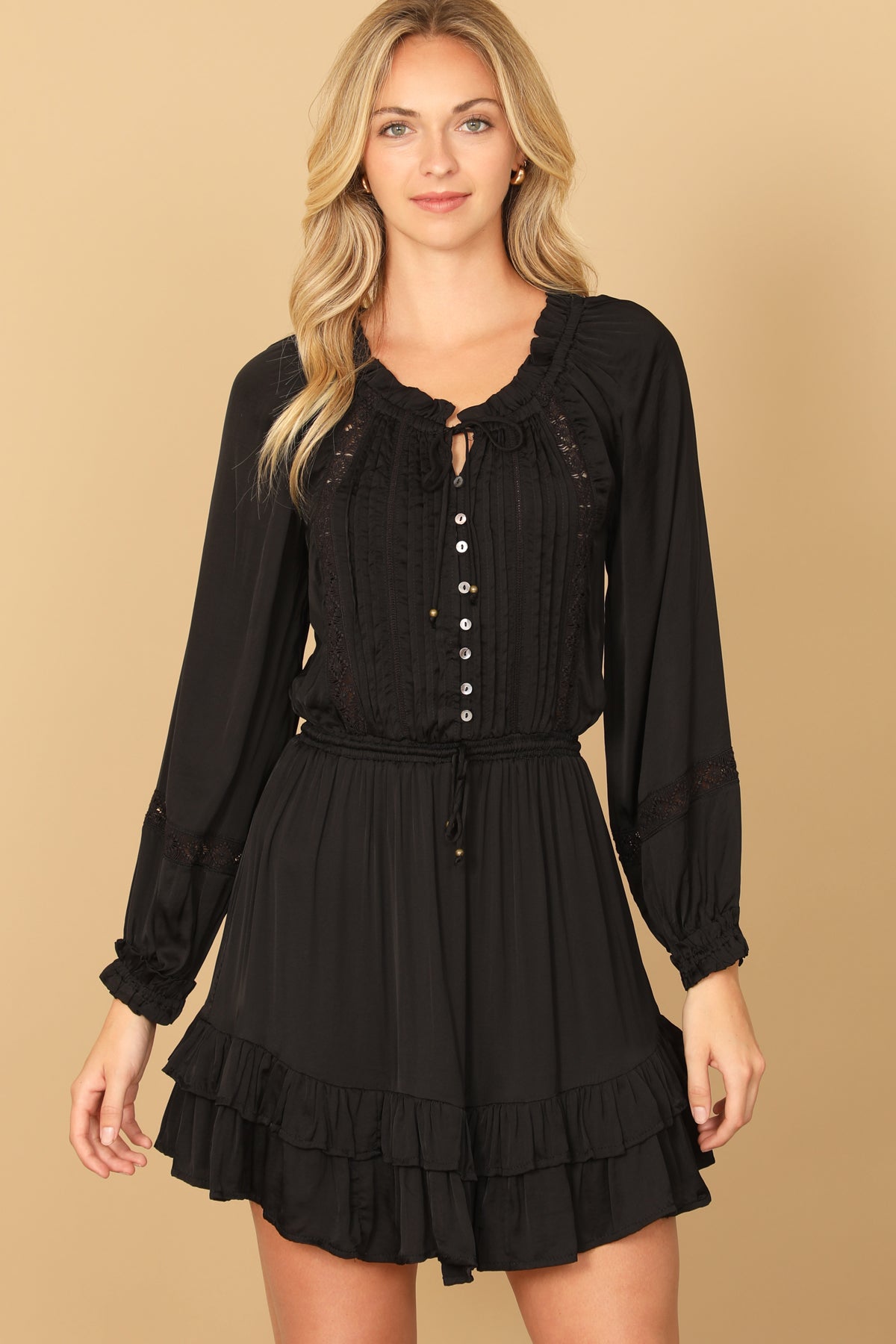 LONG SLEEVE PLEATED FRONT RUFFLE HEM MINI DRESS 2-2-1