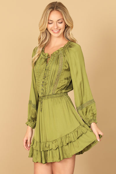 LONG SLEEVE PLEATED FRONT RUFFLE HEM MINI DRESS 2-2-1