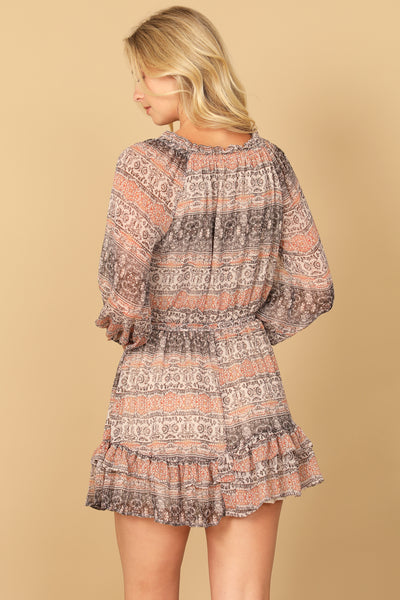 BROWN ORANGE PRINTED PUFF LONG SLEEVE RUFFLE HEM DRESS 2-2-1