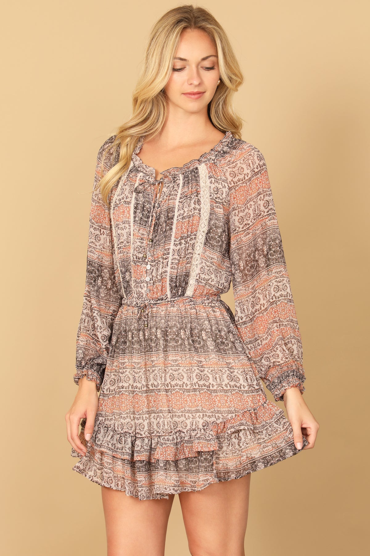 BROWN ORANGE PRINTED PUFF LONG SLEEVE RUFFLE HEM DRESS 2-2-1