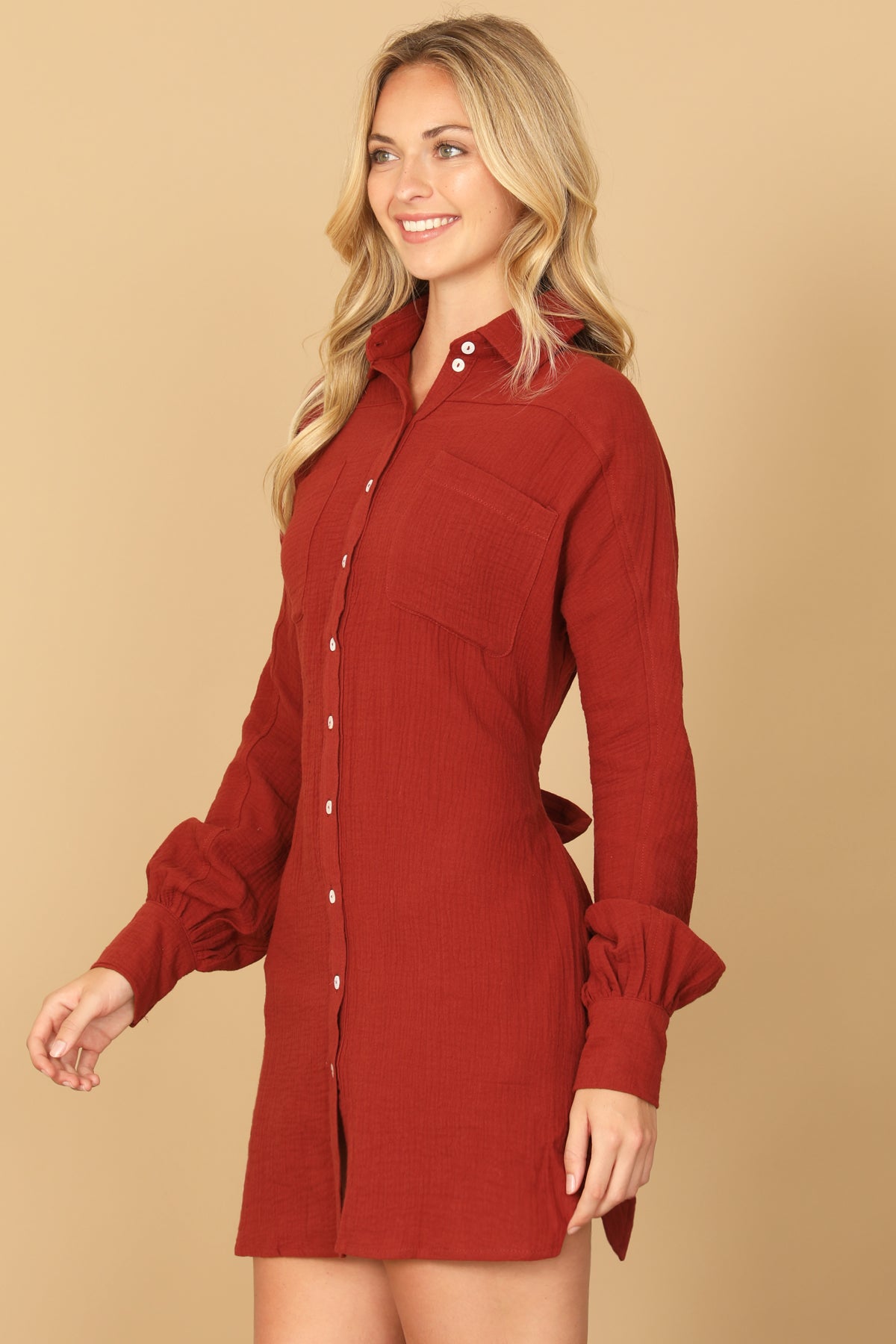 BRICK LONG SLEEVE BUTTON DOWN BACK-TIE MINI DRESS 2-2-1