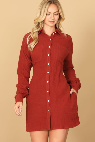 BRICK LONG SLEEVE BUTTON DOWN BACK-TIE MINI DRESS 2-2-1