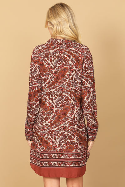 BRICK PINK PRINTED LONG SLEEVE CURVE HEM DRESS 2-2-1