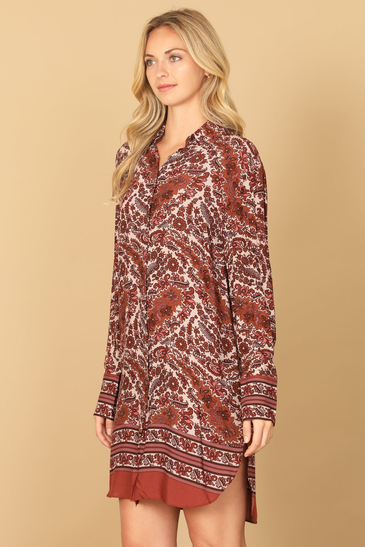 BRICK PINK PRINTED LONG SLEEVE CURVE HEM DRESS 2-2-1