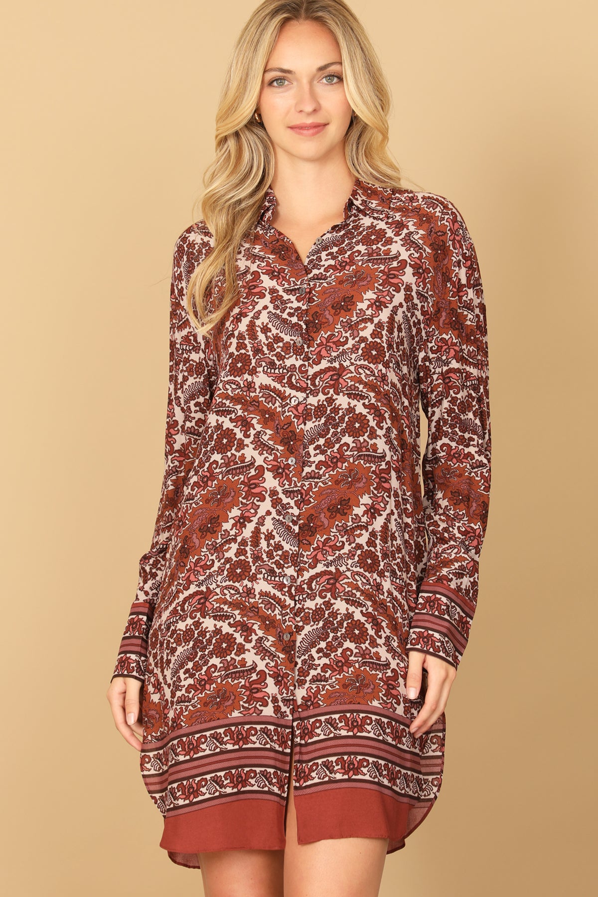 BRICK PINK PRINTED LONG SLEEVE CURVE HEM DRESS 2-2-1