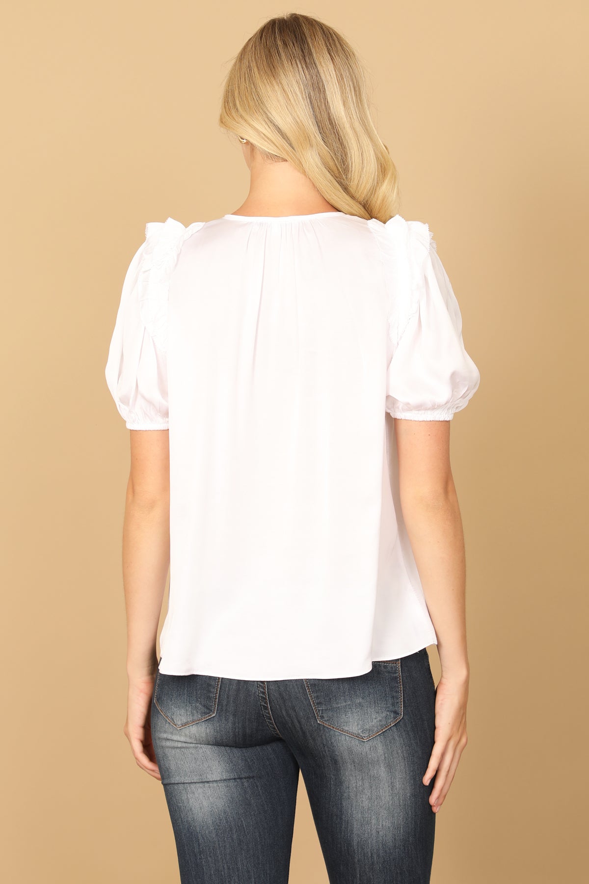 OFF-WHITE KEYHOLE TIE NECK PUFF SLEEVE SOLID TOP 2-2-1